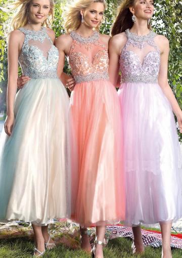 Свадьба - Lace Up Crystals Tulle Open Back Sleeveless Tea Length
