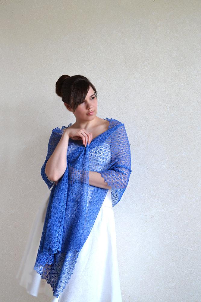Mariage - Blue Scarf  Tracery Shawl Linen Wrap Gauzy Stole Knitted Gauze Linen Bridesmaid  Thin Lace Scarf