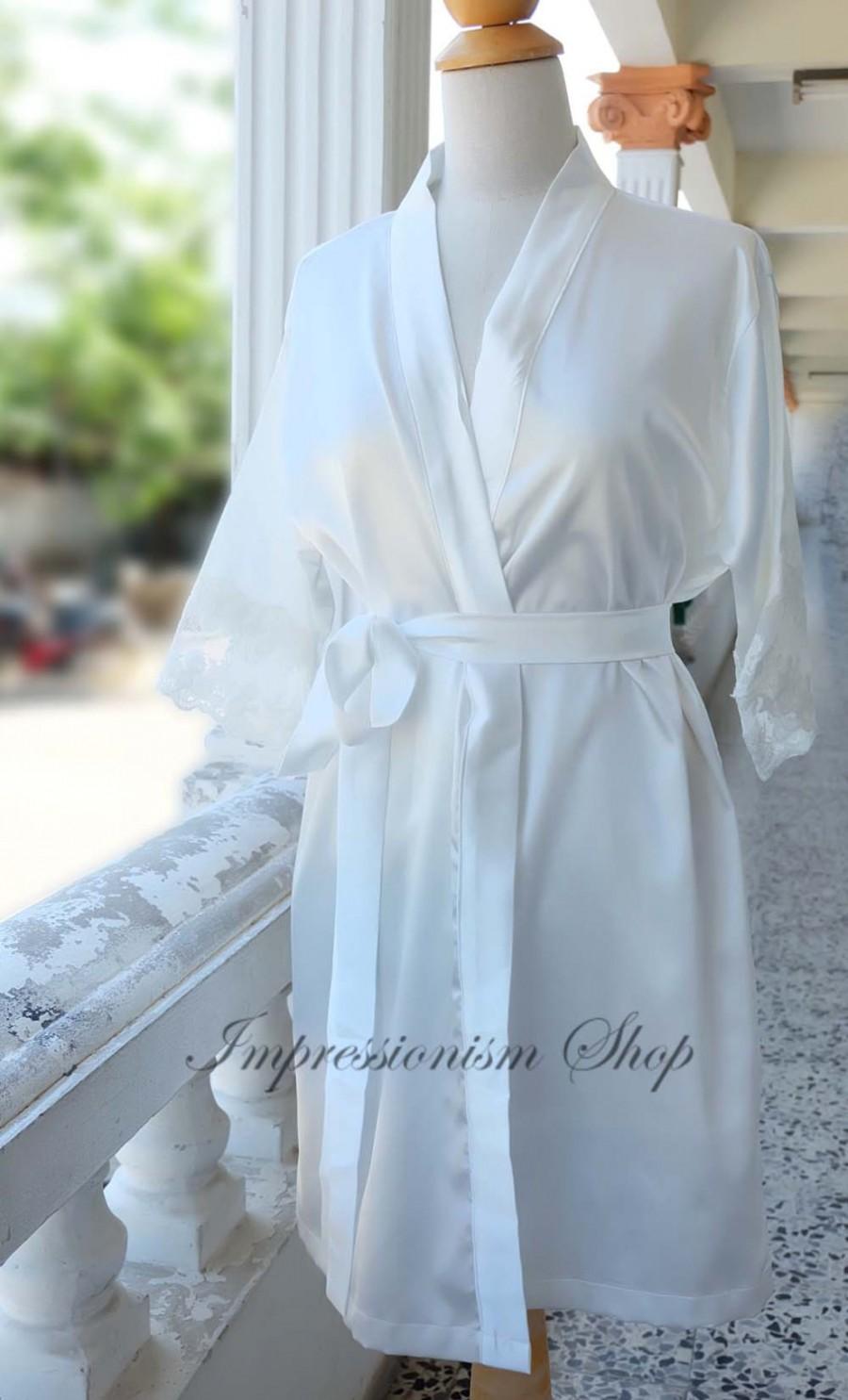 Wedding - White Ivory Satin Lace Robe for Bride, Lingerie, Getting Ready, Bridal Gift, Bachelorette party Gift, Honeymoon, Lace Kimono, Wedding Gift