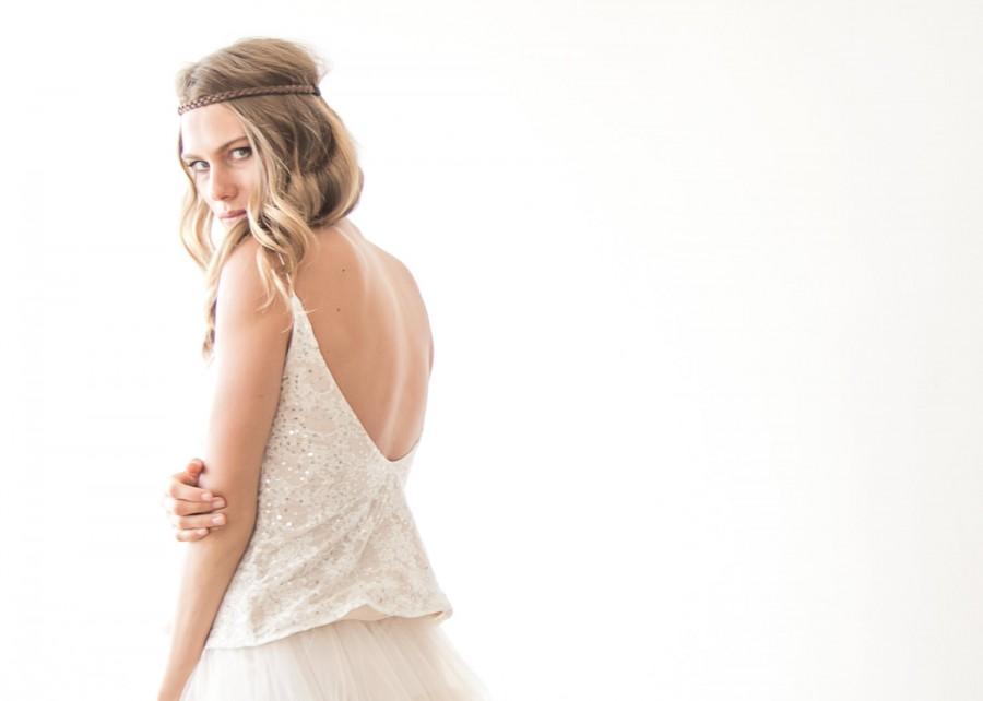 Wedding - Ivory sequin lace open-back top , Bridal floral lace top , Open back lace bridal top