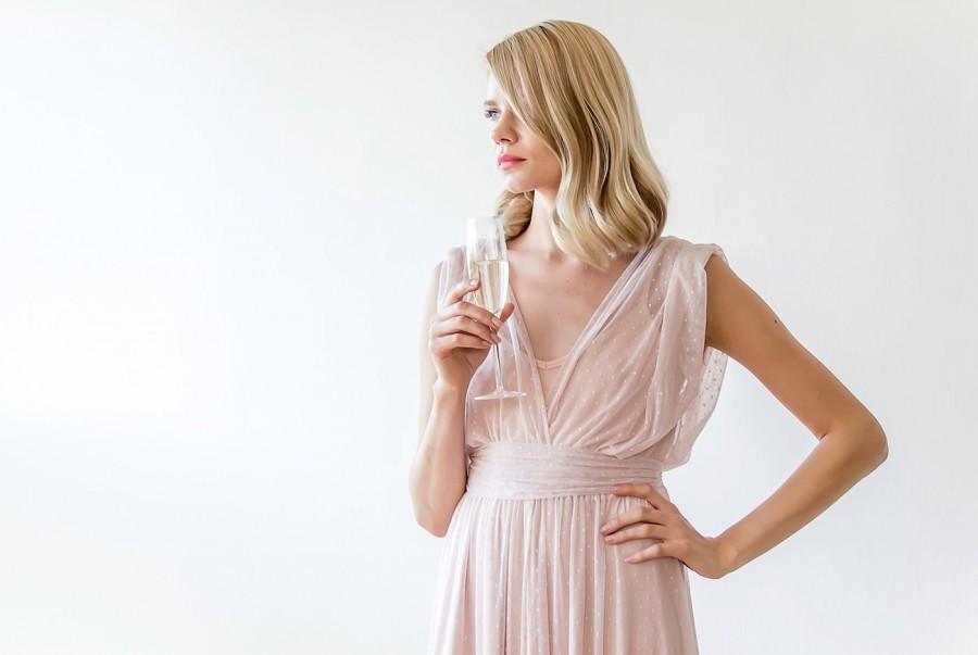 زفاف - Pink dots chiffon sheer dress, Sheer blush dress with small sleeves