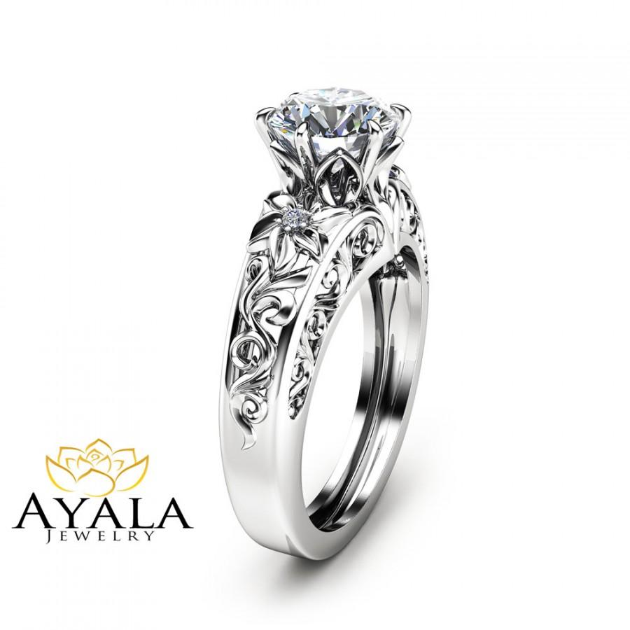 Wedding - Round Cut Diamond Engagement Ring Unique 14K White Gold Ring Art Deco Styled Engagement Ring