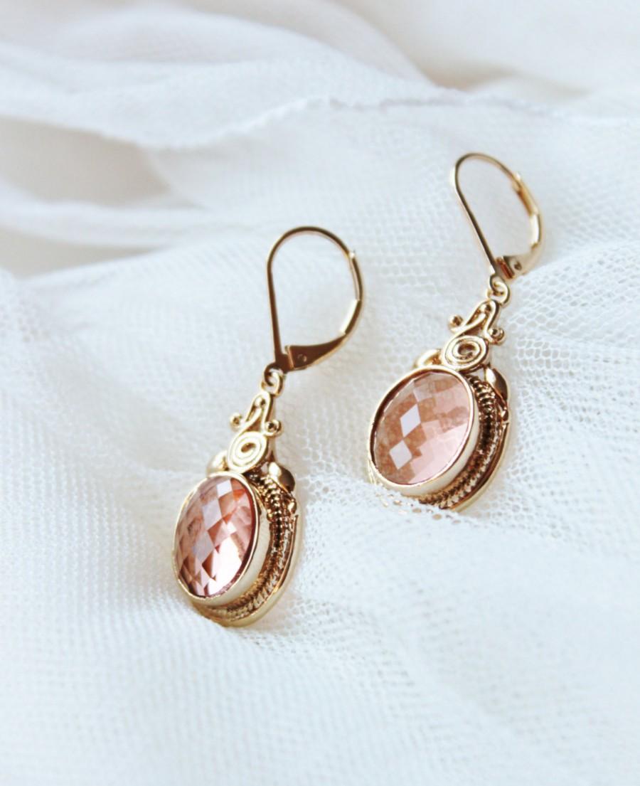Wedding - Peach Earrings Champagne Peach Wedding Bridesmaid Gift Earrings Vintage Style Drop Earrings Mothers Day Gift Jewelry