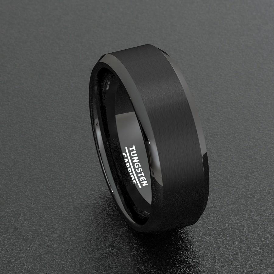 Hochzeit - Mens Wedding Band Black 8mm Classic Brushed Beveled Edge Ring Comfort Fit