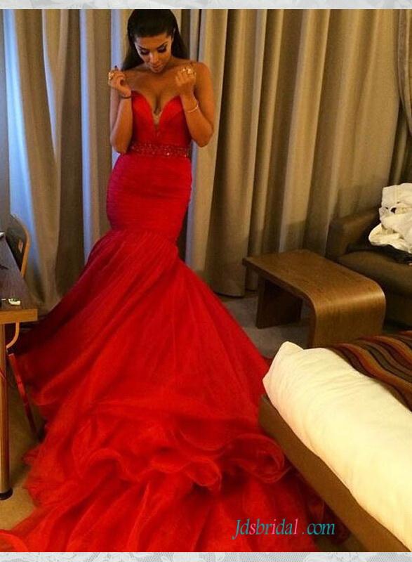 Wedding - PD16090 sexy plunging red color mermaid organza prom celebrity dress
