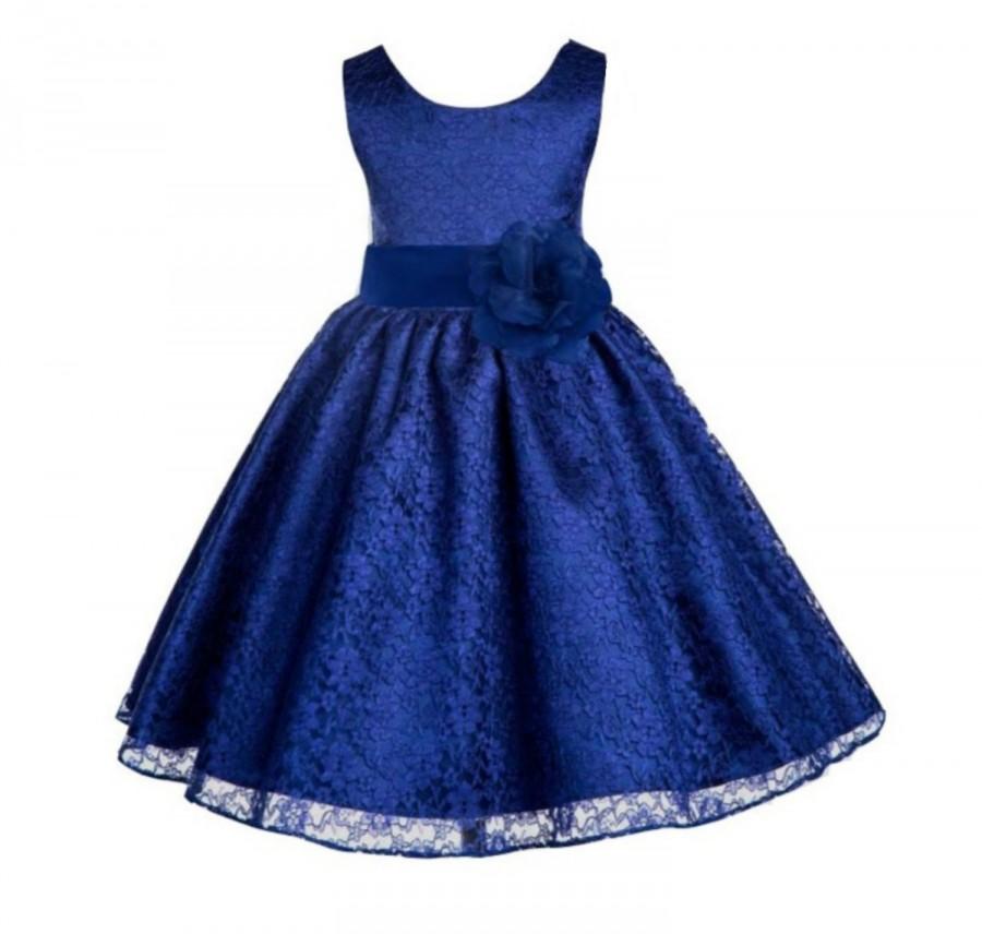 Wedding - Wedding Floral Lace Overlay Navy blue flower girl dress toddler Princess children bridesmaid toddler size 6-9m 12-18m 2 4 6 8 10 12 