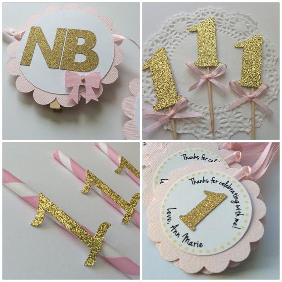 زفاف - Pink And Gold First Birthday Party Package. Photo Banner, Favor Tags, Paper Straws And Cupcake Toppers