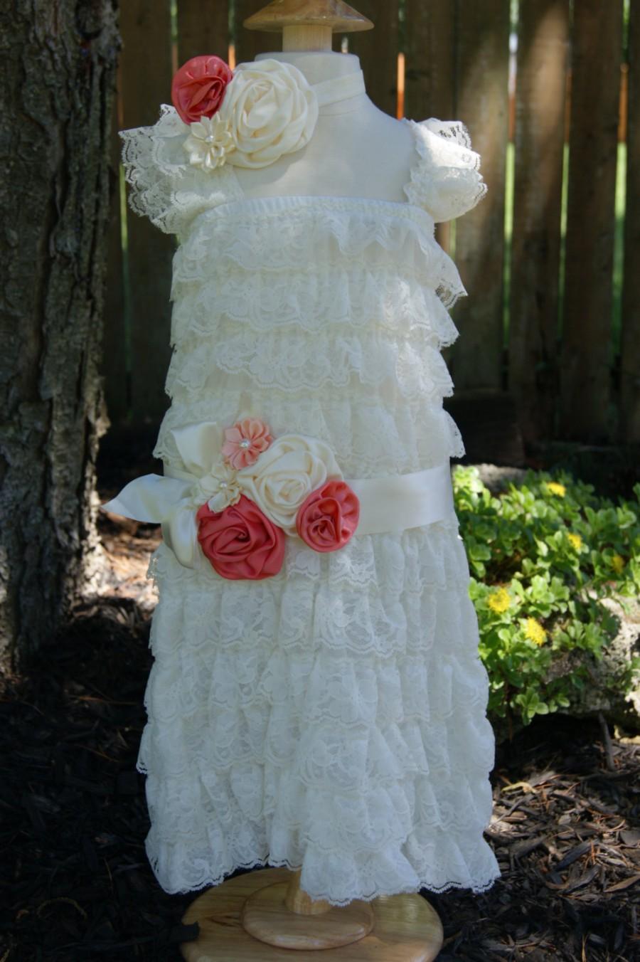 Wedding - Country flower girl dress. Ivory lace and coral flowergirl dress. Lace girl dress. Rustic flower girl dress. Vintage shabby chic dress.