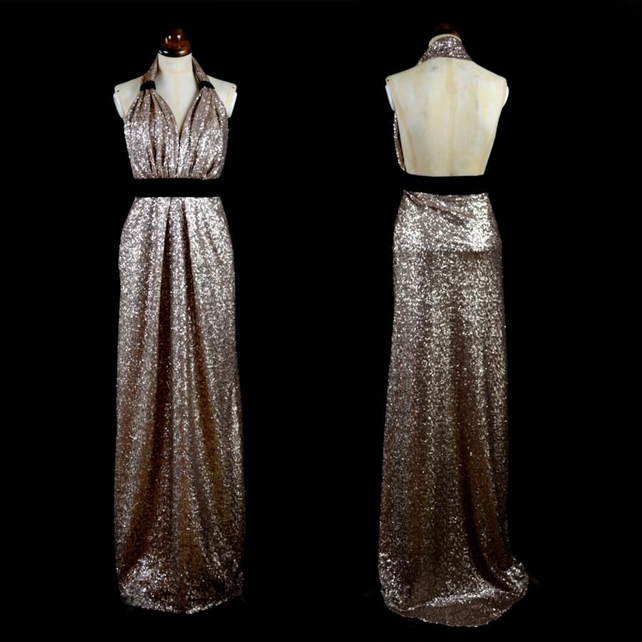 زفاف - Bronze Gold Sequin Vintage Style Halter Gown Dress - Size Medium - FREE SHIPPING WORLDWIDE