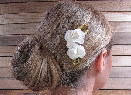 زفاف - White rose wedding hairpin - bridal hair pin - bridal hair accessories - wedding hair accessories - one hairpin - gold hair pin