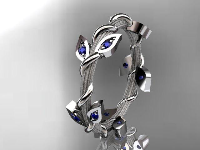 زفاف - 14kt white gold diamond leaf wedding ring,engagement ring,wedding band with blue sapphires stones ADLR20B