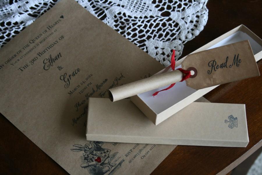 Свадьба - Alice in Wonderland  INVITATION -  WEDDING - Scroll Wedding Invitation - Vintage, Unique - Boxed