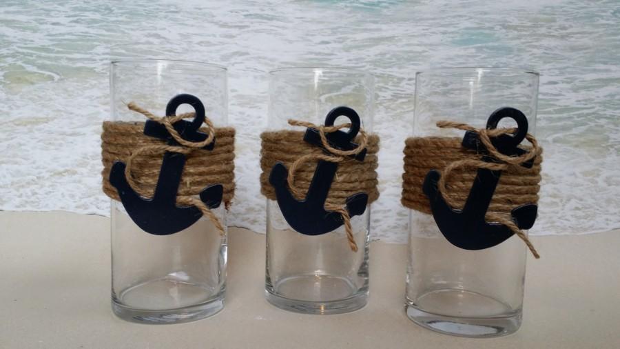 Hochzeit - Set of 3 Nautical Vase Centerpieces  - Anchor Navy Boating Boat Coastal Wedding Centerpiece Vases Sand Dollar Candle Holders Holder Flowers