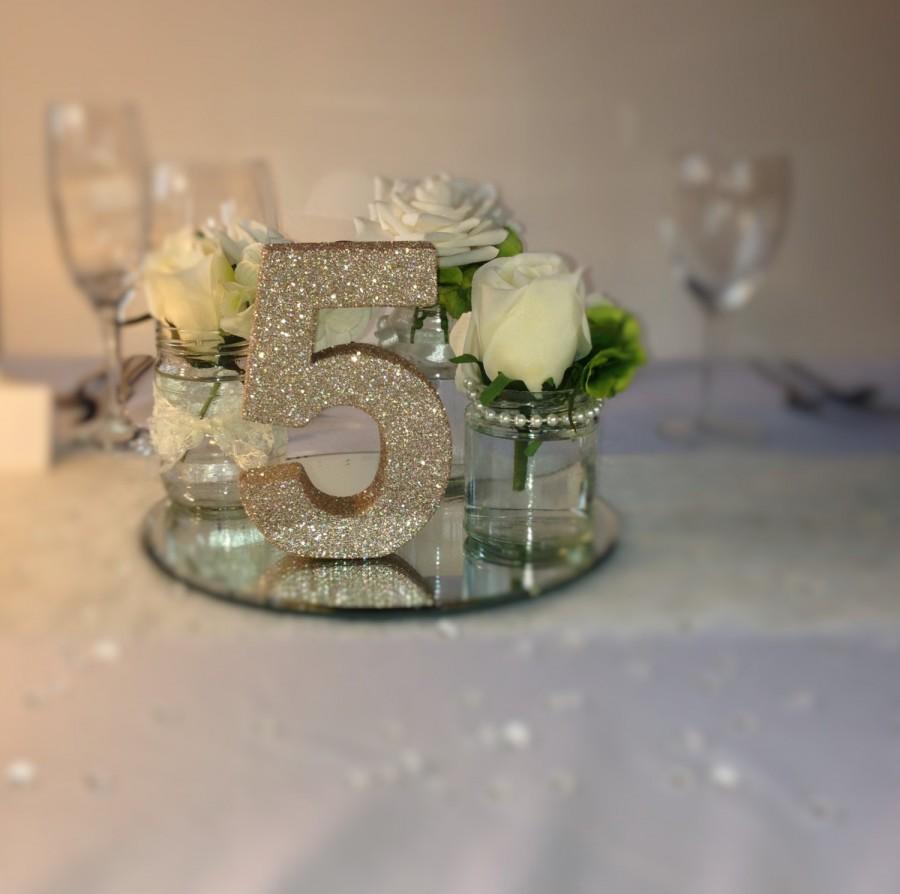 Free Standing Wedding Centrepiece Rose Gold Glitter Wooden Table Numbers 