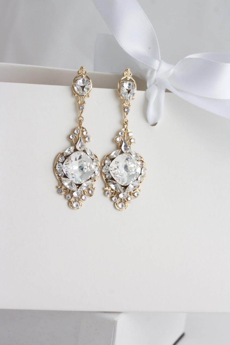 زفاف - Gold Crystal Bridal Earrings Clear Crystal Rhinestone Wedding Earrings ESTELLA