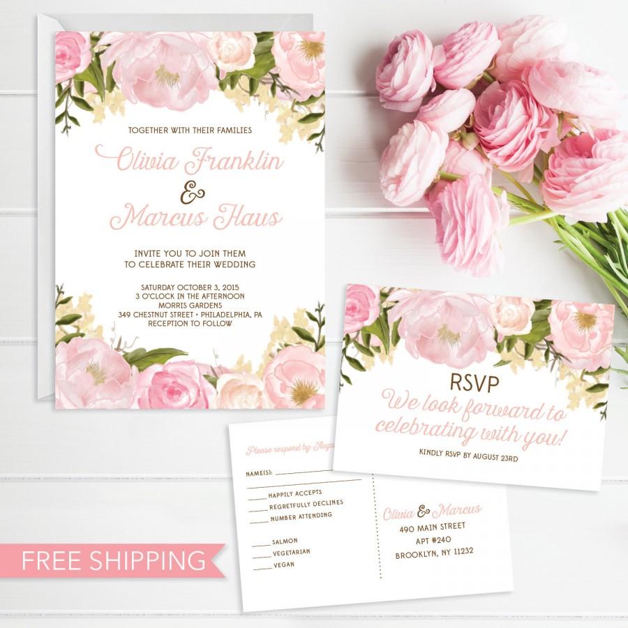 Wedding - Pink Floral Wedding Invitation Set - Wedding Invite - RSVP Card - DIY Printable Wedding Set