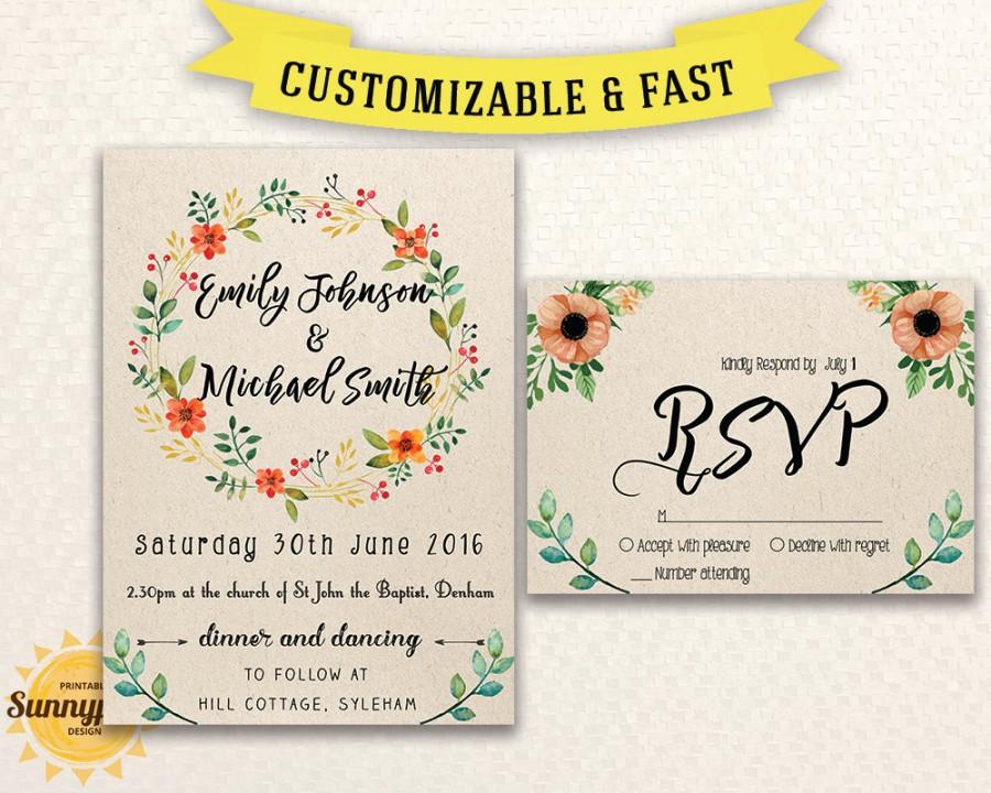 Hochzeit - Printable wedding invitation template download - floral - kraft - rustic - Wedding invitations with rsvp - DIY wedding invitation template