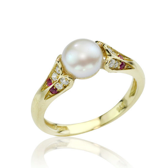 زفاف - Engagement Ring, Antique Style Pearl 14K Gold Engagement Ring, Solid Gold Ring, Alternative Engagement Ring