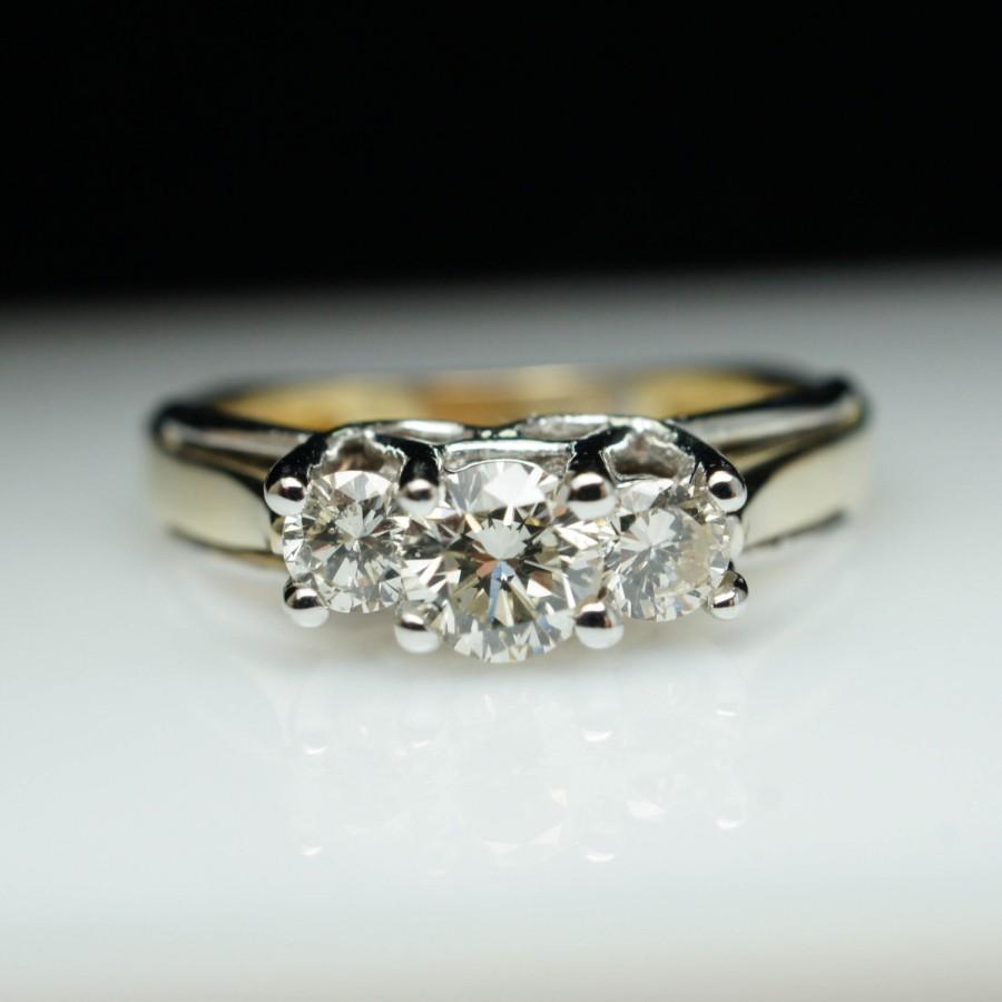 Hochzeit - Vintage Diamond Engagement Ring 14k Yellow & White Gold Size 6 Three Stone Diamond Ring
