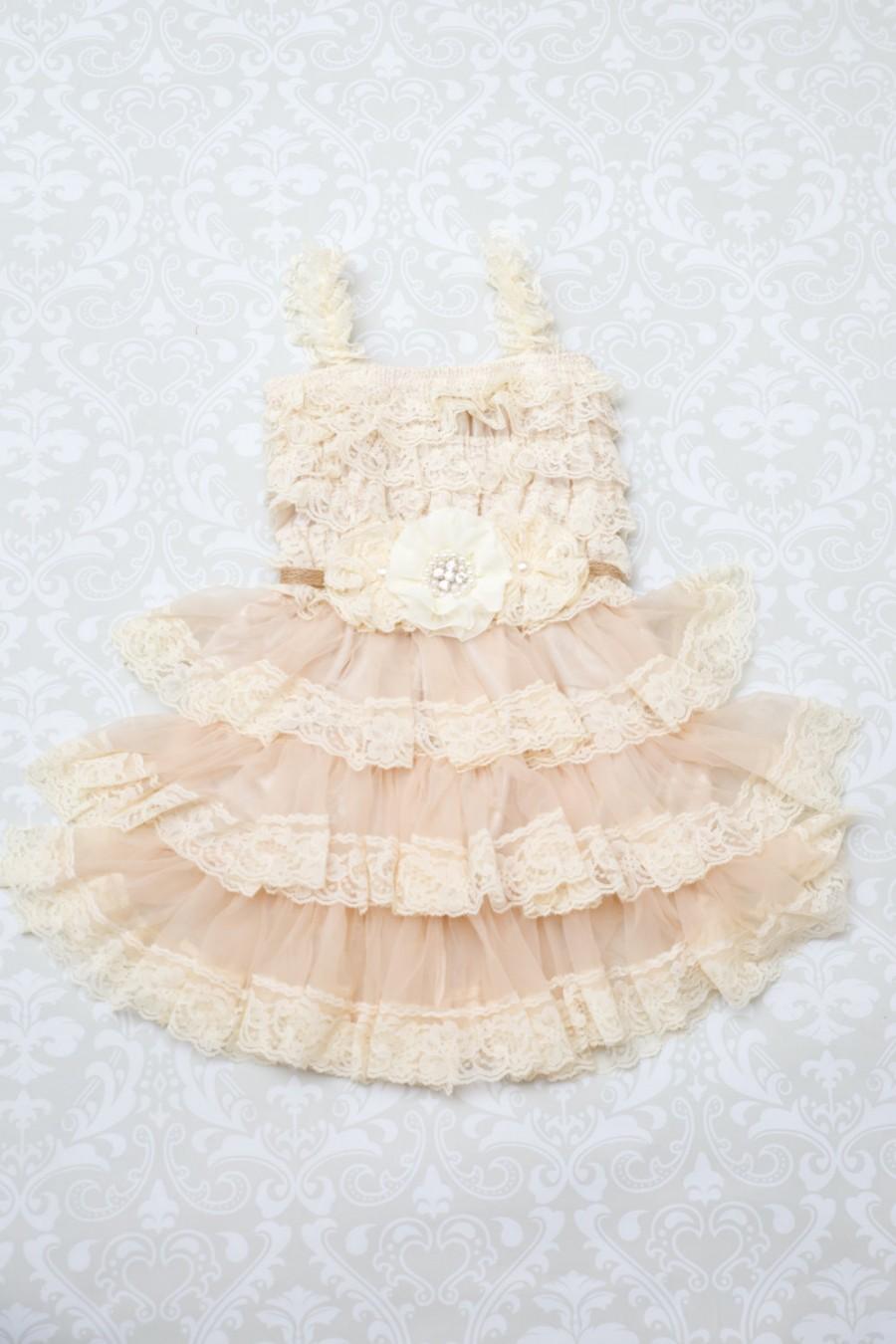 Mariage - Ivory Flower Girl Dress/Shabby Chic Flower Girl /Wheat Cream Flower Girl/Country Wedding-lvory-Champagne Flower Girl Dress-Shabby Chic Dress