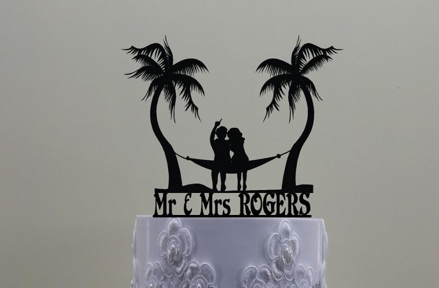 Hochzeit - Beach Wedding Cake Topper Personalized with your Surname, Mr Mrs with Palms and a Couple on a Hammock