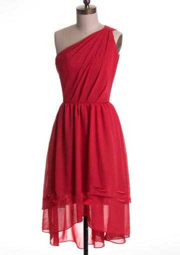 Mariage - Ruched One Shoulder Red Sleeveless Short Length