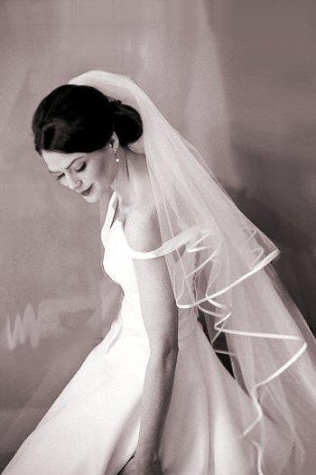 Wedding - Chapel length drop veil, two-tiered blush veil, long veil, ivory satin edge, bridal veil, wedding veil, ivory veil with comb.