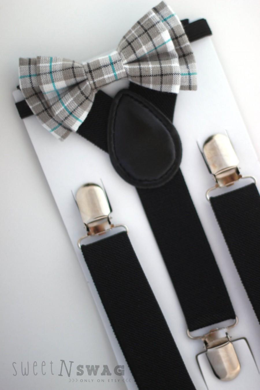 Wedding - SUSPENDER & BOWTIE SET.  Black suspenders. Grey, teal and black plaid bow tie. Newborn - Adult sizes.