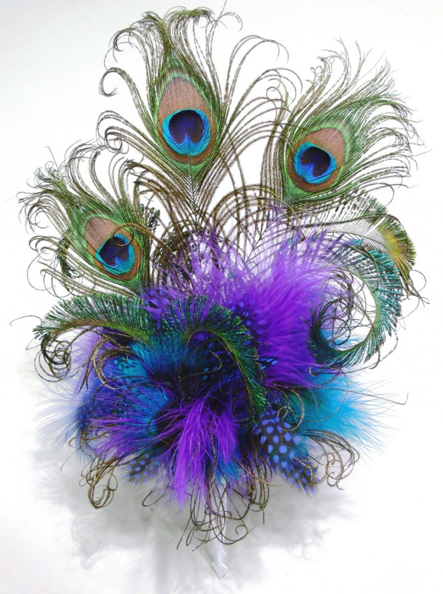 Свадьба - Feather Cake Topper with Peacock or your choice of feathers and colors for your Wedding, Birthday, Shower or any Special occasion cake