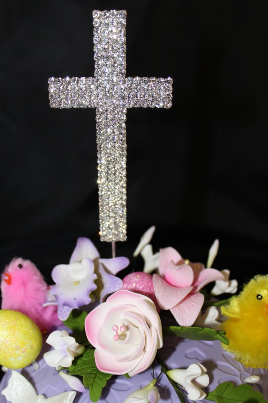 Wedding - CROSS CAKE TOPPER Rhinestone Cross, various styles,Floral Stick - Great for Baptisms,Communion, Easter, Weddings, Holidays 5"Cross,Total 10"