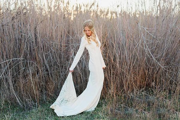 Mariage - Long Sleeve Vintage Chapel Train Mermaid Lace Boho Wedding Dress
