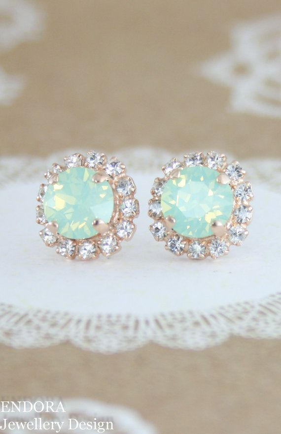 Mariage - Mint Opal Earrings,mint Crystal Stud Earrings,mint Bridesmaid Earrings,Swarovski Mint,rose Gold Mint Earrings,rose Gold,mint Wedding Jewelry