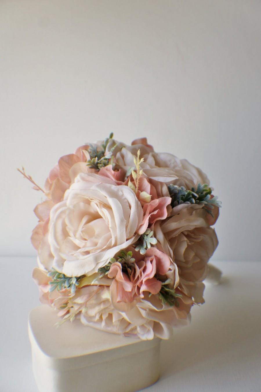 Wedding - Silk Wedding Bouquet,  Silk Bride Bouquet, Champagne Roses, Blush Hydrangeas, Vintage Inspired Rustic Wedding, Bridesmaid Bouquet