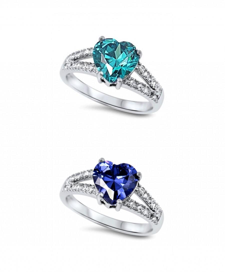 Mariage - 1.80 Carat Tanzanite BlueTopaz Teal Heart Shape Round Russian Diamond CZ Side 925 Sterling Silver Wedding Engagement Promise Ring