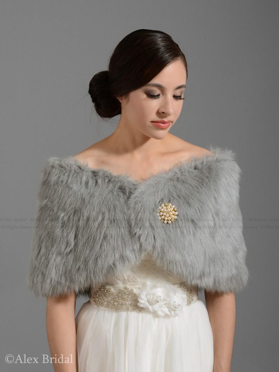 Hochzeit - Silver faux fur bridal wrap shrug stole shawl cape FW005-Silver regular / plus size