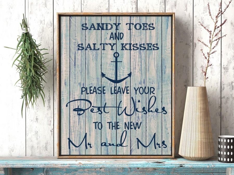 Hochzeit - SALE Printable wedding sign sandy toes salty kisses leave your wishes for the mr mrs, wishes for the groom bride, nautical sign, beach, navy