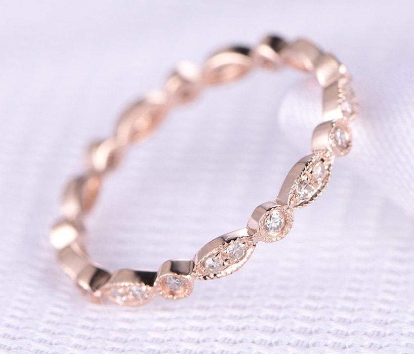 زفاف - Full Eternity diamond Wedding ring,Anniversary ring,solid 14k Rose gold,Infinity Ring,Art Deco Antique,Matching Band,Black diamond available