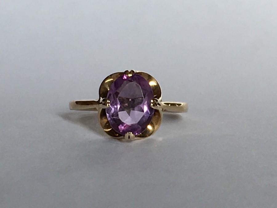 زفاف - Vintage Amethyst Ring in 9K Yellow Gold. 2+ Carat Oval Amethyst. Unique Engagement Ring. February Birthstone. 6th Anniversary Gift. Estate
