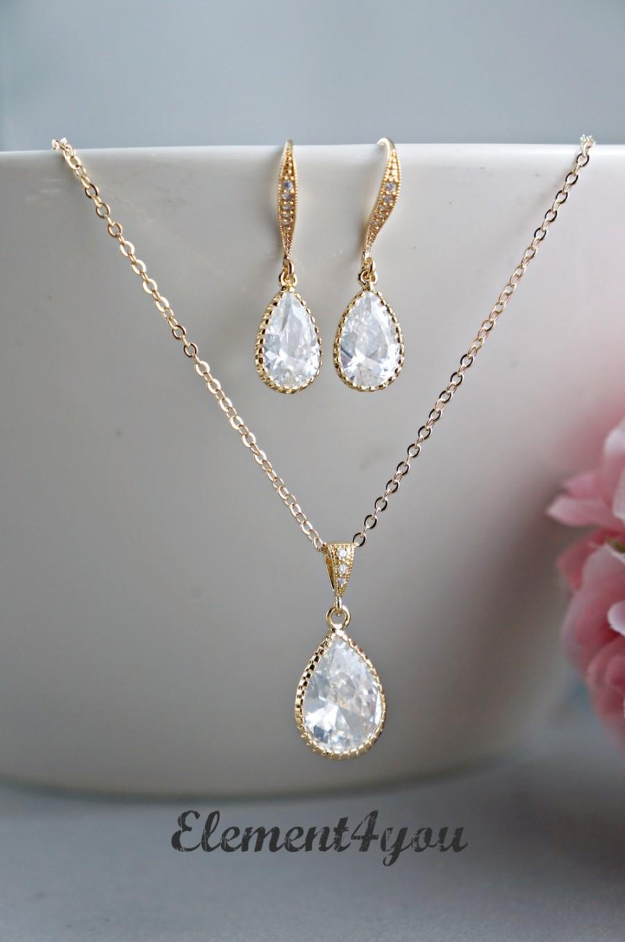 Hochzeit - Wedding bridal jewelry set, Bridesmaid necklace earrings, Pear drop Cubic Zirconia pendant CZ Earrings Bridal party gift Delicate goldchain