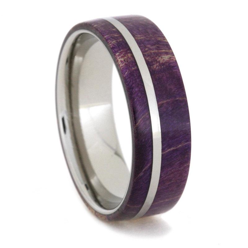 Hochzeit - Amazing Purple Box Elder Burl Wood Ring with a Titanium Pinstripe and Sleeve, Ring Armor Included