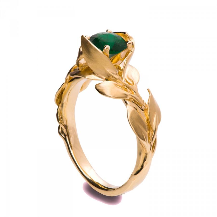 زفاف - Leaves Engagement Ring No.7 - 18K Yellow Gold and Emerald engagement ring, engagement ring, leaf ring, May Birthstone, art nouveau, vintage