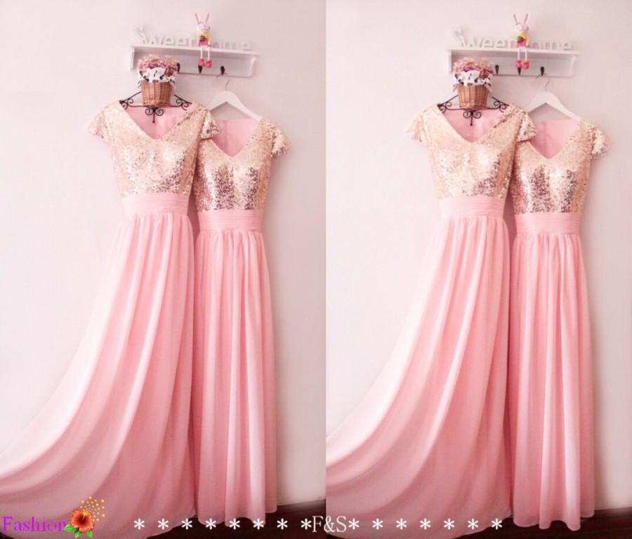 Свадьба - Prom Dress with Sleeves,Modest Sequin Metallic Prom Dress 2016,Gold Prom Dress,Pink Prom Evening Dress,Bridesmaid Dress Long, Prom Dresses