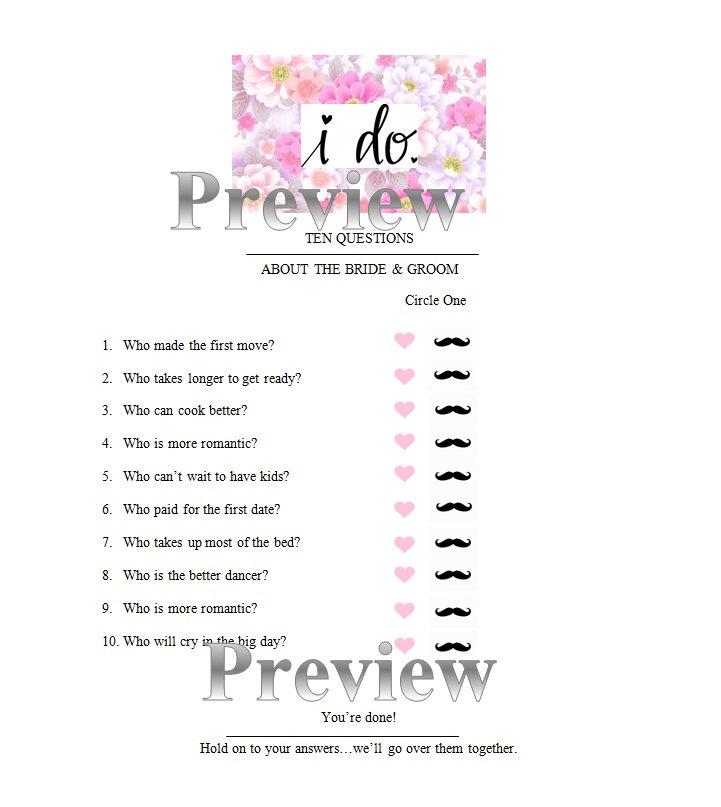 Wedding - Questions game about the Bride and Groom