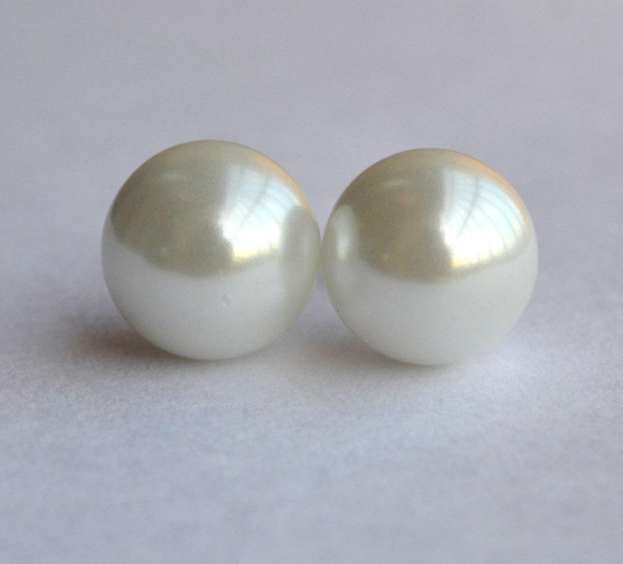 زفاف - white pearl earrings,10mm Glass Pearl earrings,ivory pearl earrings,round pearl stud earrings,bridesmaid earrings,wedding Jewelry