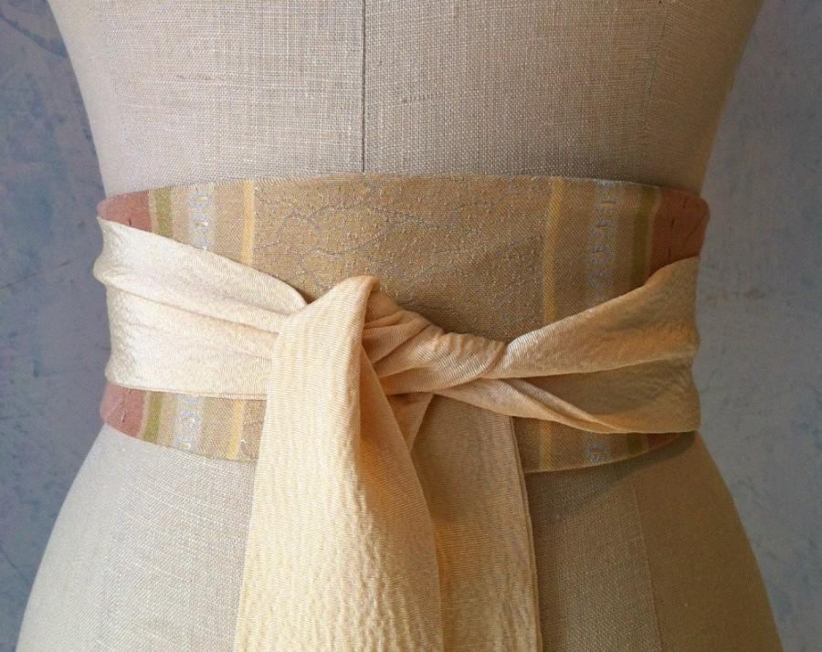 Свадьба - Wedding Ivory obi sash belt vintage striped fabric reversible floral pastel engagement waist cincher