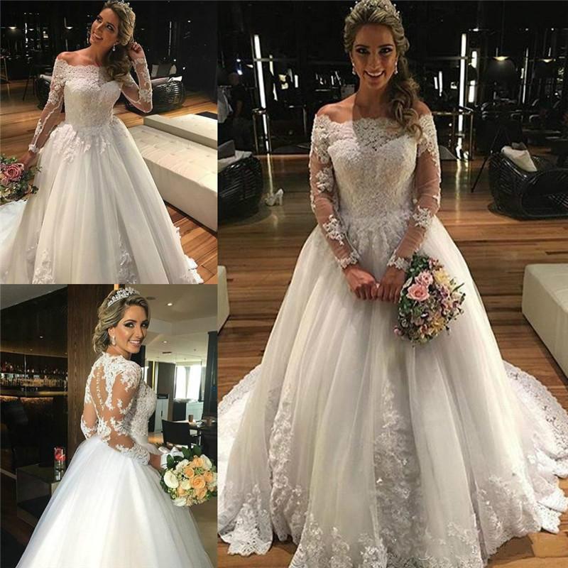 Mariage - Dramatic Long Sleeve Lace Wedding Dresses Sheer Arbic Tulle Train Vintage Winter Scoop 2016 Bridal Dresses Ball Gowns Vestidos De Noiva Online with $111.56/Piece on Hjklp88's Store 