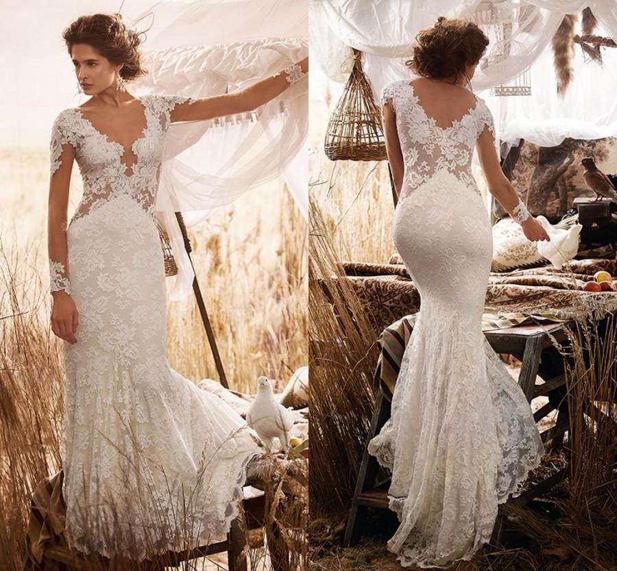Wedding - Elegant Country Beach Long Sleeves Wedding Dresses 2016 V-Neck Full Lace Appliques Summer Ivory Mermaid Bridal Gown Sweep Train Online with $107.79/Piece on Hjklp88's Store 