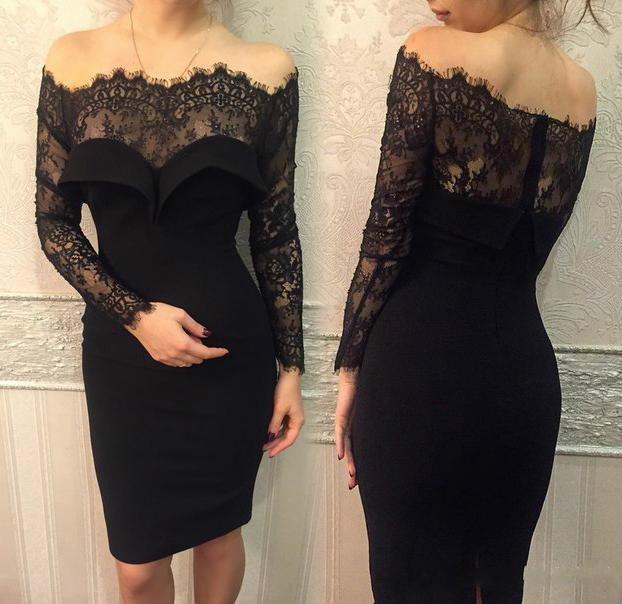 Свадьба - Black Short Sheath Dresses with Lace Sheer Illusion Long Sleeves 2016 Cocktail Off the Shoulder Knee-length Occasion Gowns Party Online with $90.46/Piece on Hjklp88's Store 