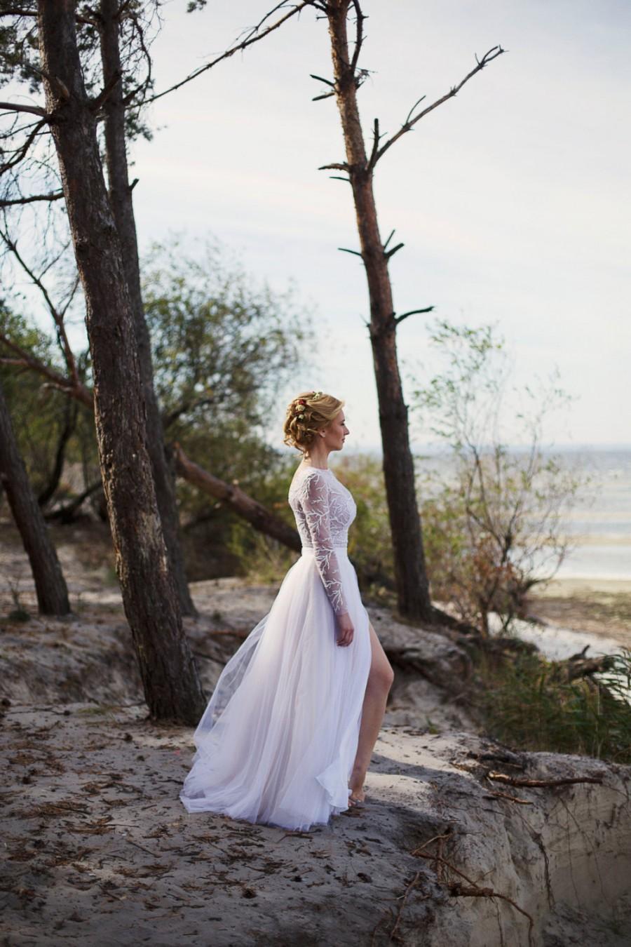 Hochzeit - White and Nude Tulle Wedding Dress with Lace, Wedding dress "Alina", Beach Wedding Dress, Romantic wedding gown, Custom dress