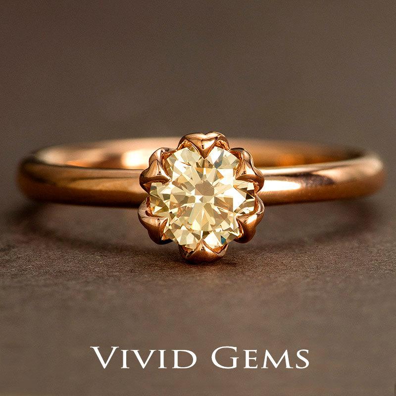 زفاف - Champagne Diamond Engagement Ring, Tulip Solitaire Ring in 14K Solid Rose Gold, Natural Light Champagne Diamond Ring